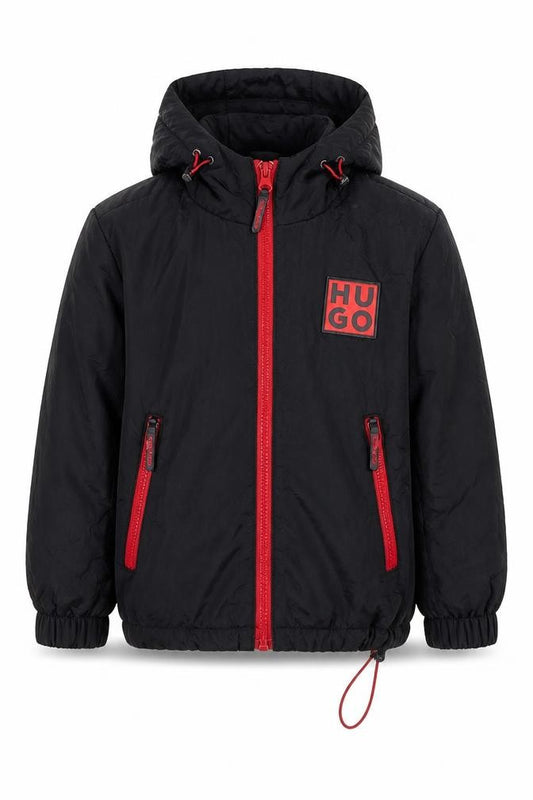 Front view of HUGO BOSS boys’ black red full zip hoodie, size 4, years cotton hooded