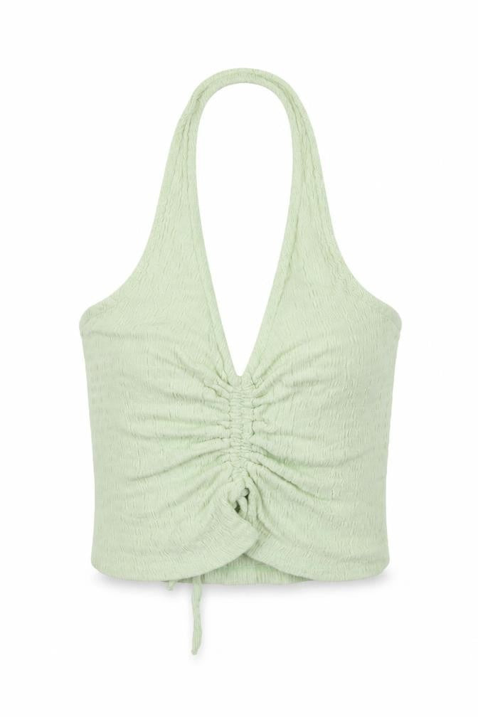 Front view of Stradivarius Women Green Cropped Halter Tank Top, size S