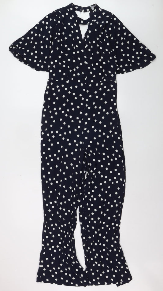 Zara Womens Navy Polka Dot Wide-Leg Jumpsuit Size 14