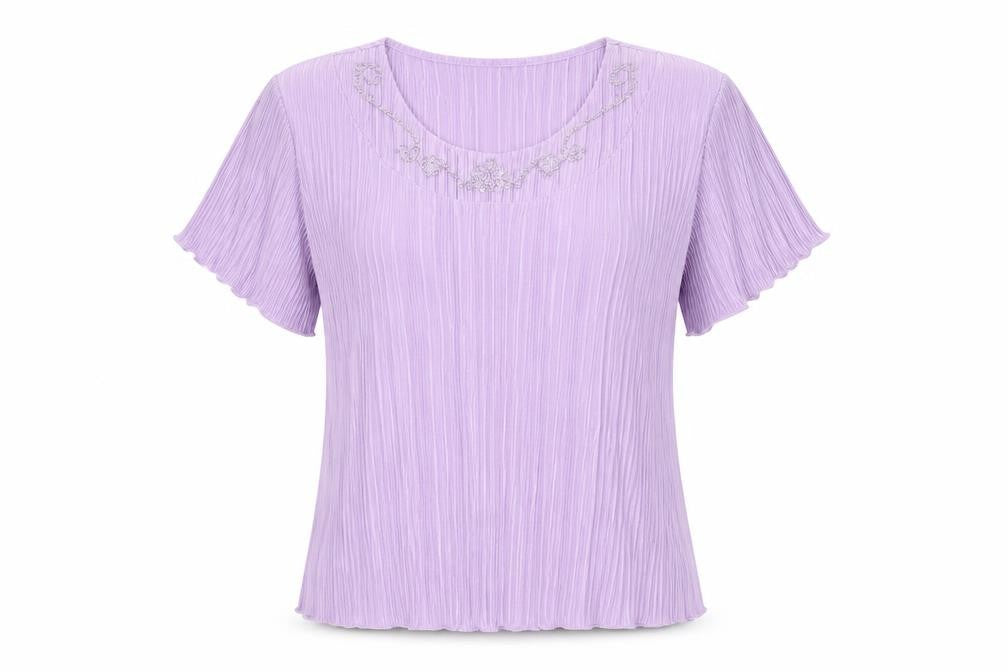 Front view of Forever by Michael Gold Women's Purple Beaded Short Sleeve Blouse M