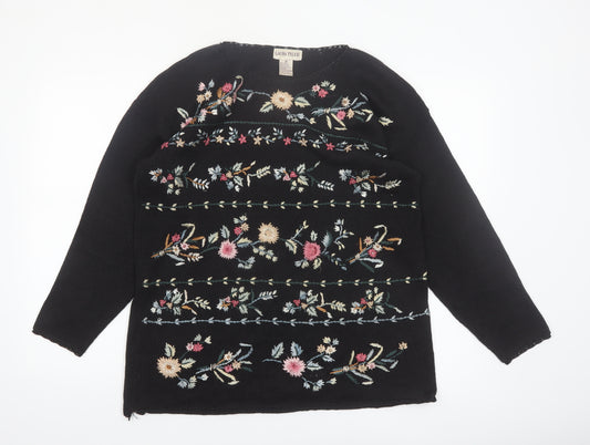Laura Tyler Womens Black Floral Embroidered Knit Jumper M