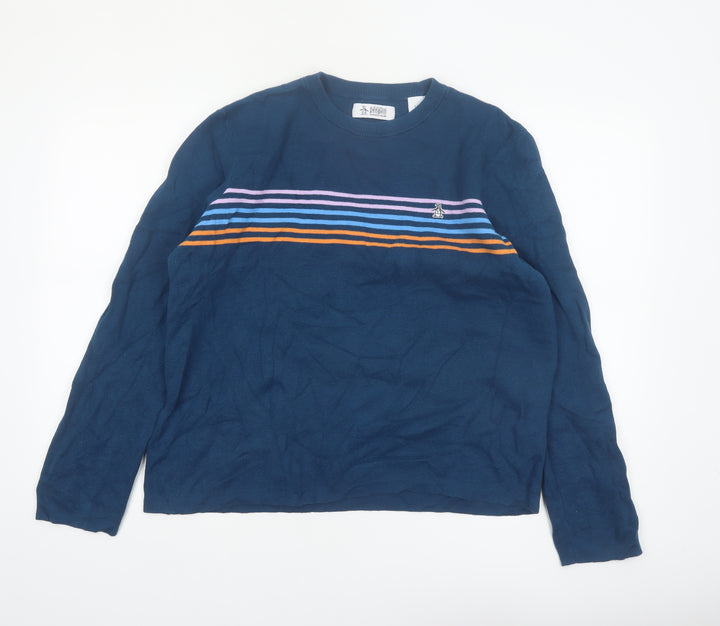 Original Penguin Women's Blue Striped Cotton Jumper L Crew Neck