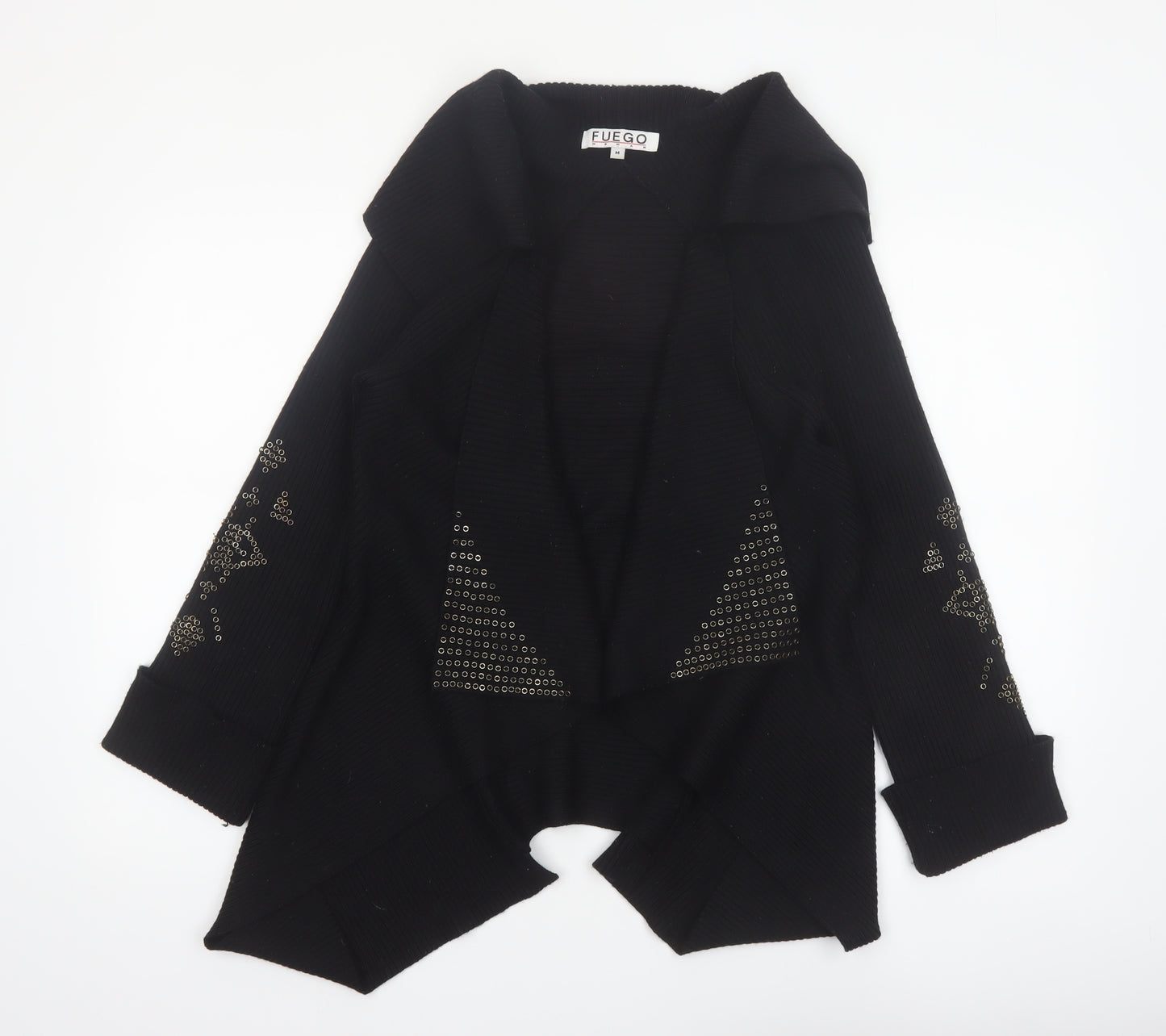 Fuego Women Black Studded Open Cardigan Medium Wool Blend