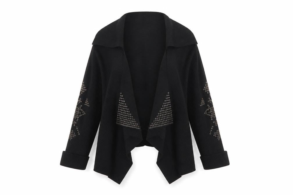 Front view of Fuego Women Black Studded Open Cardigan Medium Wool Blend