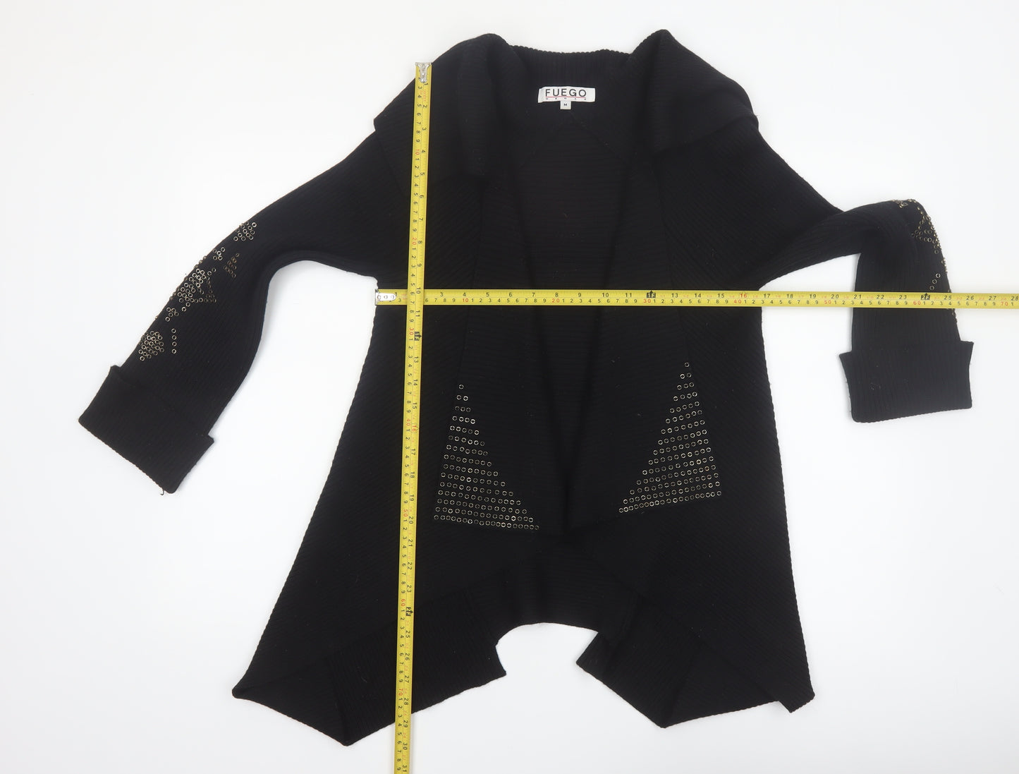 Fuego Women Black Studded Open Cardigan Medium Wool Blend