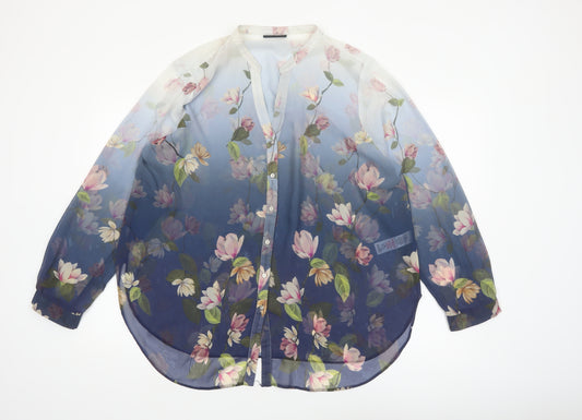 Wallis Women Blue Floral Sheer Chiffon Tunic Blouse XL