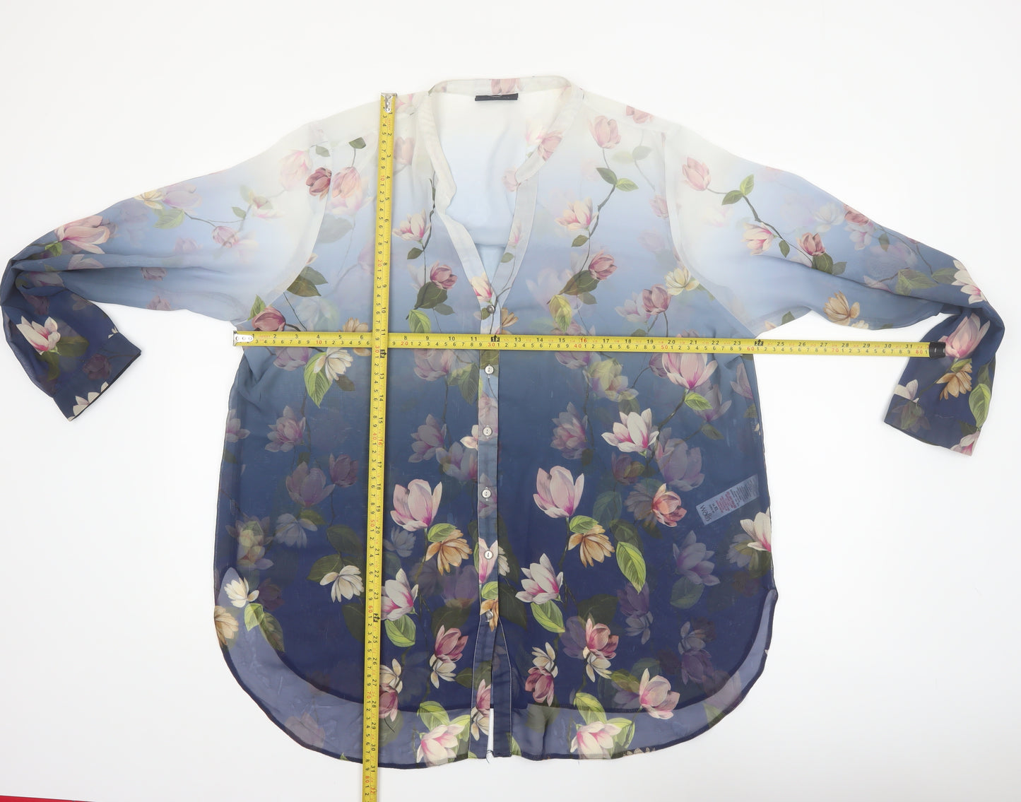 Wallis Women Blue Floral Sheer Chiffon Tunic Blouse XL
