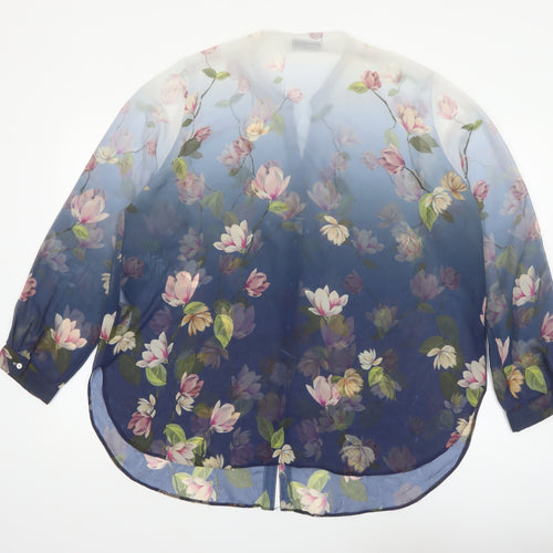 Wallis Women Blue Floral Sheer Chiffon Tunic Blouse XL