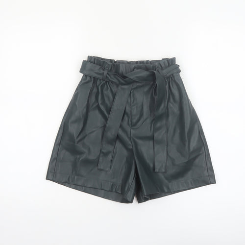 Primark Women Black Faux Leather Paperbag Shorts Size 4 High Waist