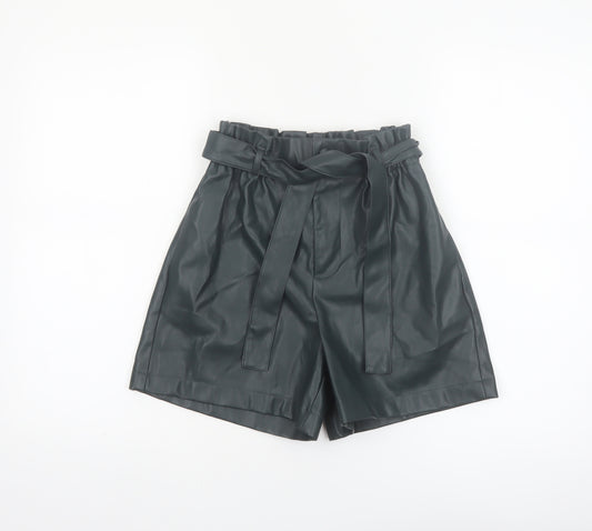 Primark Women Black Faux Leather Paperbag Shorts Size 4 High Waist