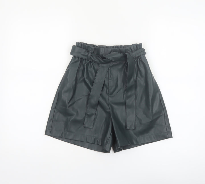 Primark Women Black Faux Leather Paperbag Shorts Size 4 High Waist