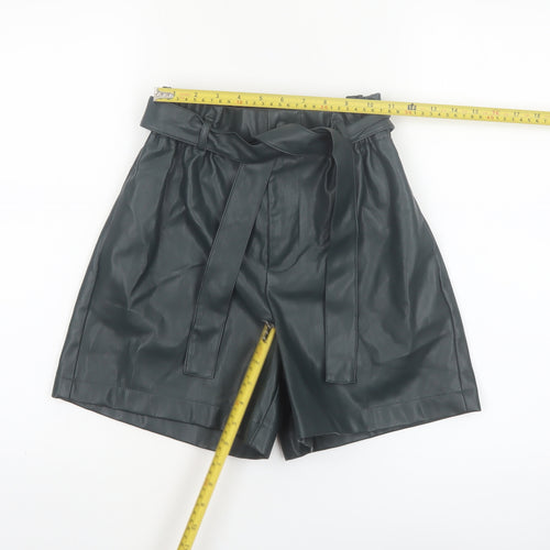 Primark Women Black Faux Leather Paperbag Shorts Size 4 High Waist