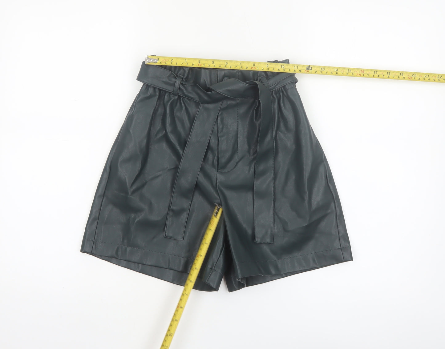 Primark Women Black Faux Leather Paperbag Shorts Size 4 High Waist