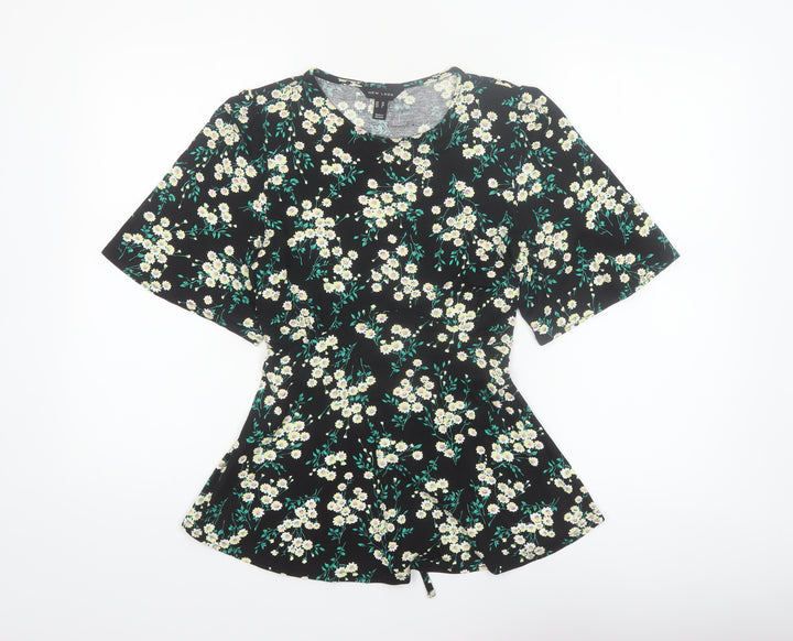 New Look Women’s Black Floral Tunic Blouse Size 10 Short Sleeve