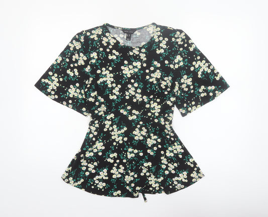 New Look Women’s Black Floral Tunic Blouse Size 10 Short Sleeve
