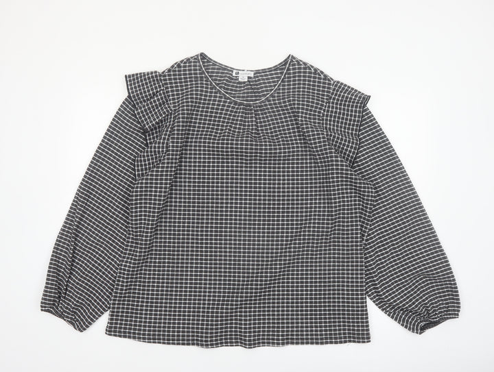 Rockmans Women Black Check Ruffle Long Sleeve Tunic Blouse Size 18