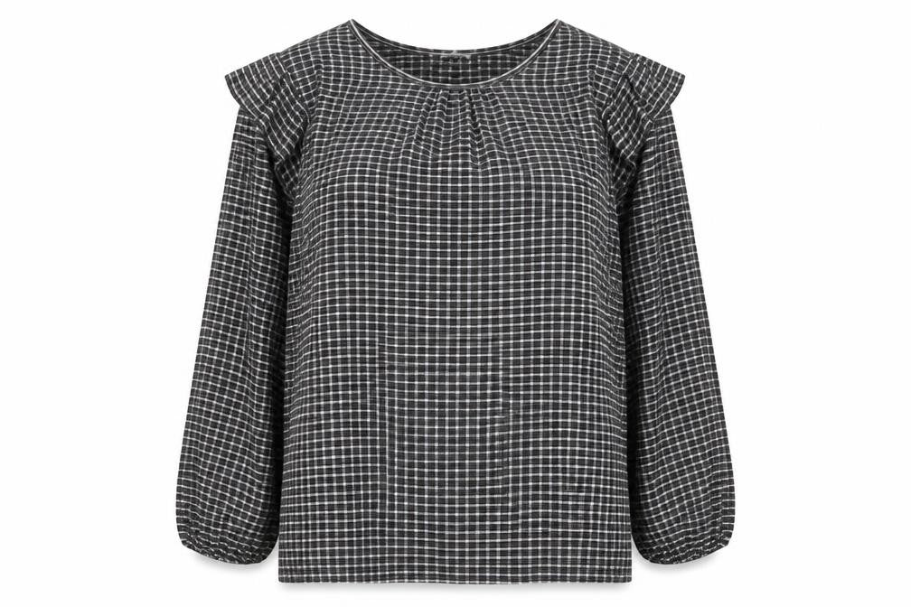Front view of Rockmans Women Black Check Ruffle Long Sleeve Tunic Blouse, size 18