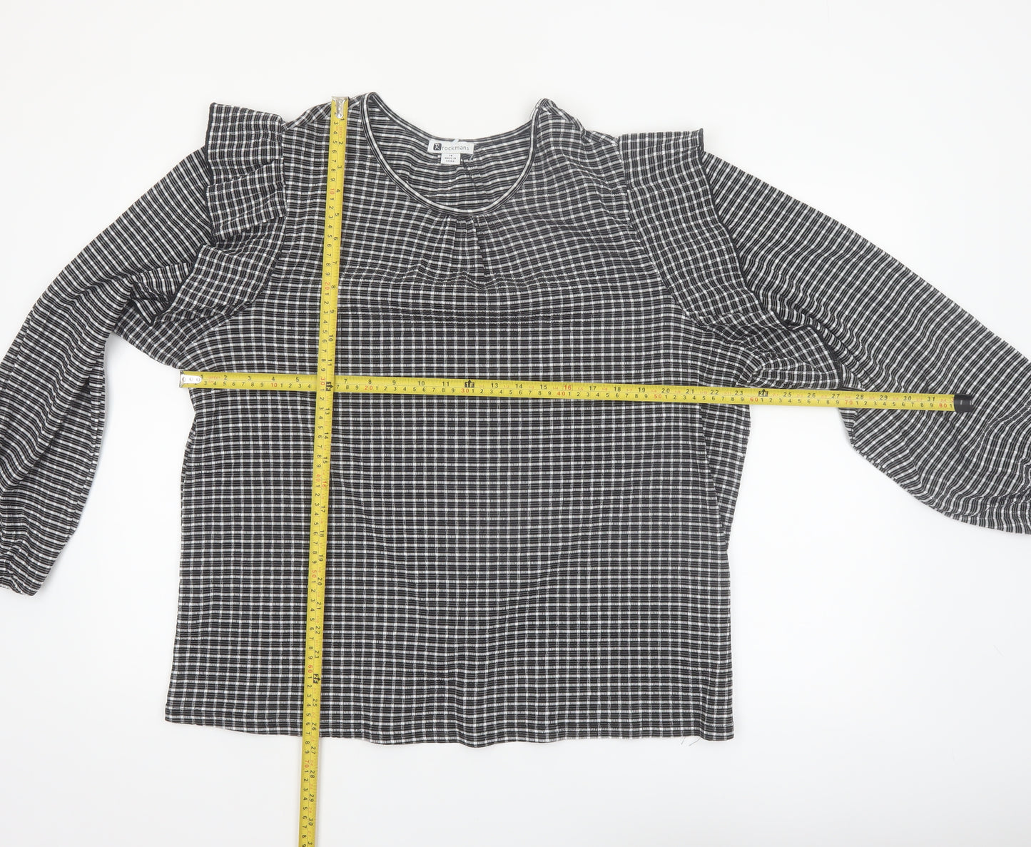 Rockmans Women Black Check Ruffle Long Sleeve Tunic Blouse Size 18