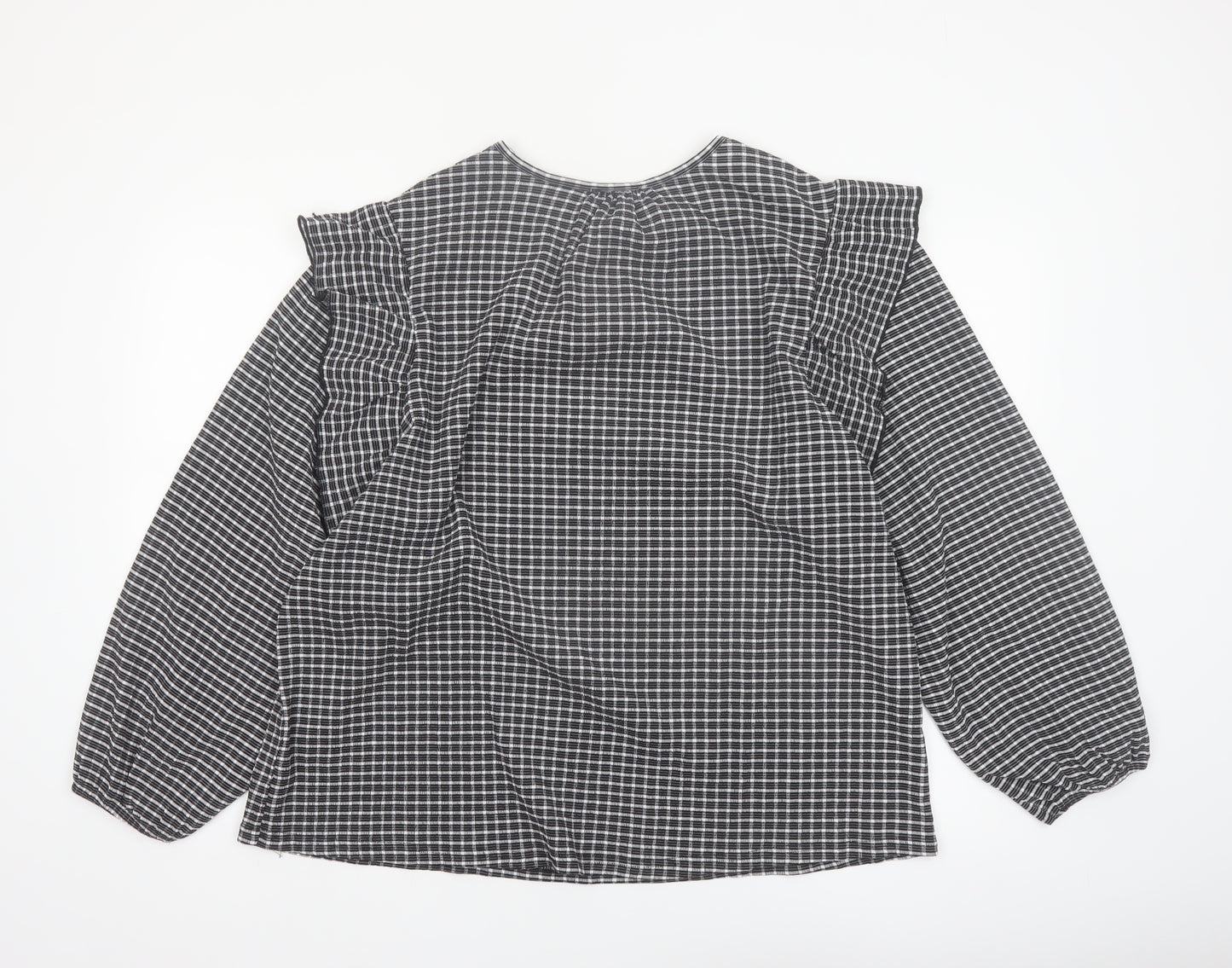 Rockmans Women Black Check Ruffle Long Sleeve Tunic Blouse Size 18