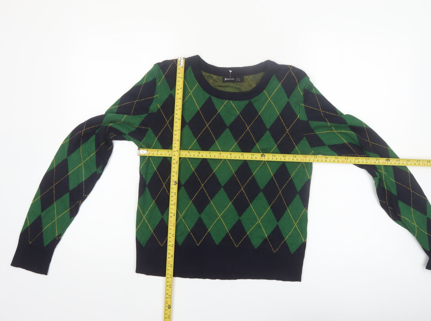 Stradivarius Women’s Green Argyle Pullover Jumper Size 14