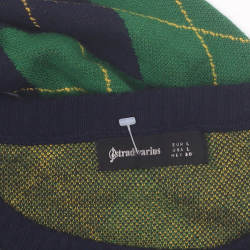 Stradivarius Women’s Green Argyle Pullover Jumper Size 14