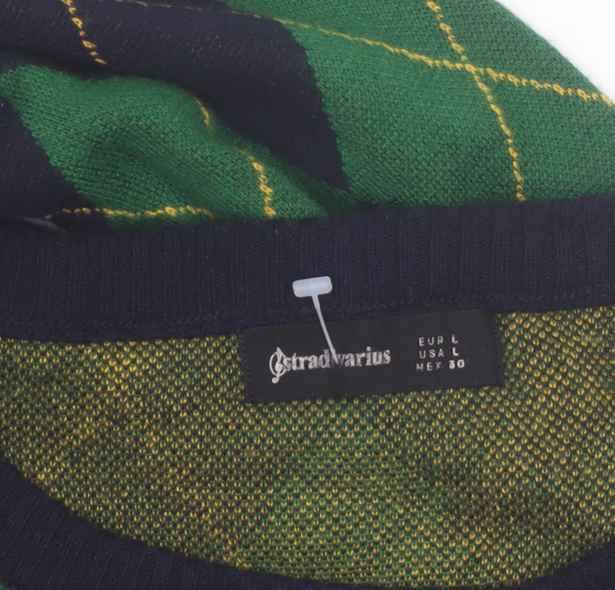 Stradivarius Women’s Green Argyle Pullover Jumper Size 14