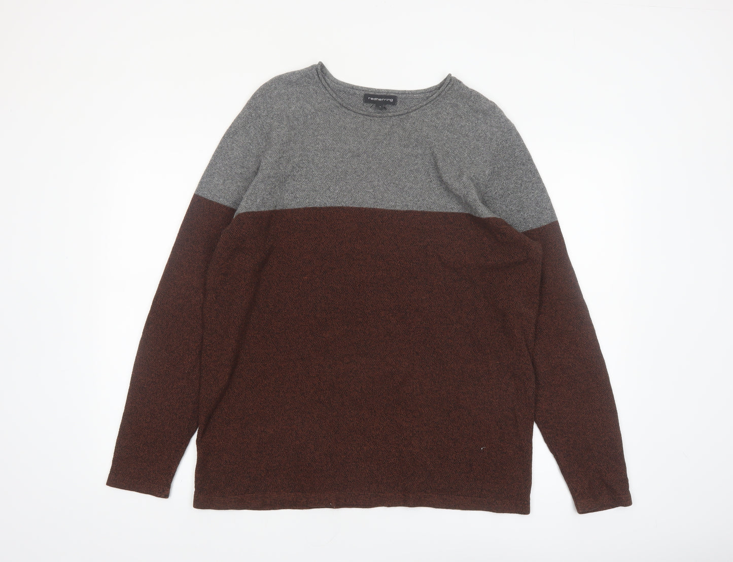 Red Herring Men’s Grey Brown Cotton Crew Neck Jumper Size L