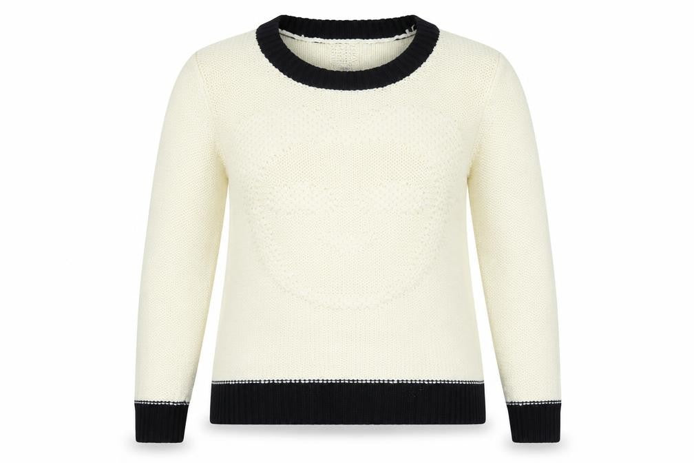 Front view of New Look Women Ivory Black Trim, size 16, Knit jumper
