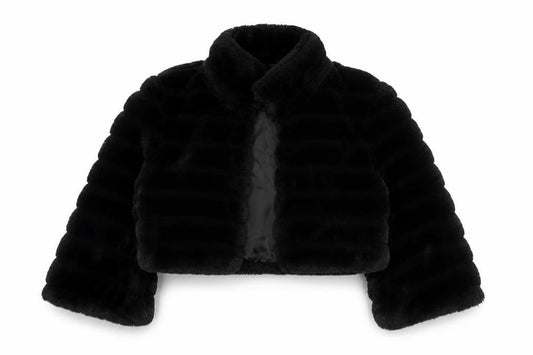 Front view of Debut Women's Black Faux Fur Cropped Jacket, size 10, Formal Evening Wear