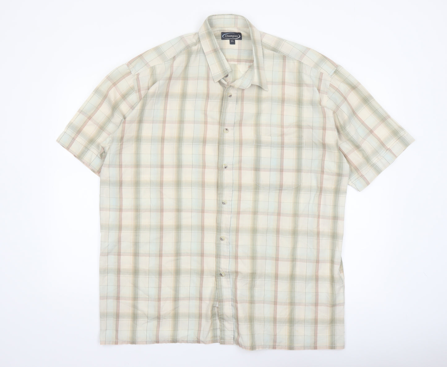 Champion Men’s Beige Plaid Short Sleeve Button-Up Shirt XL