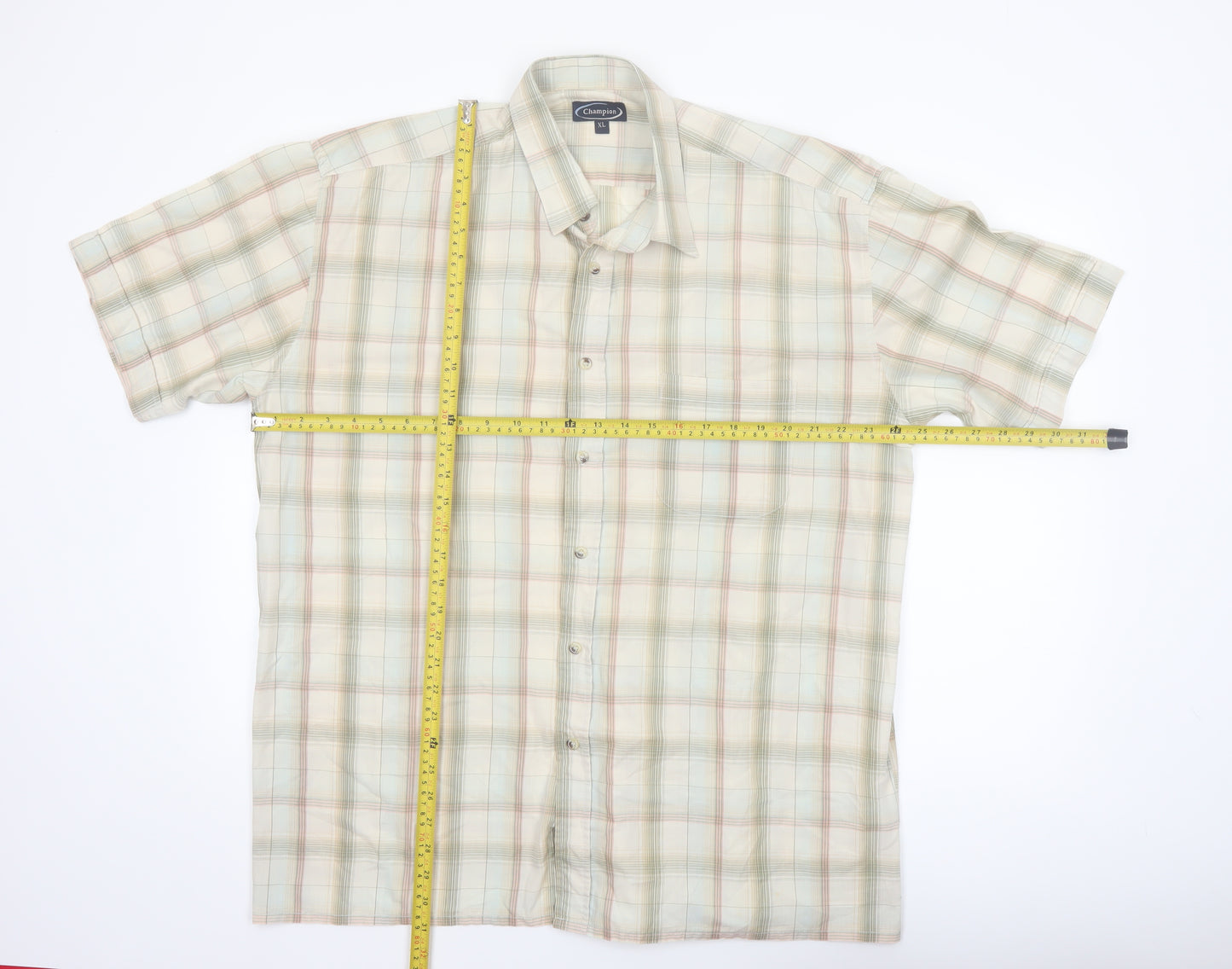 Champion Men’s Beige Plaid Short Sleeve Button-Up Shirt XL