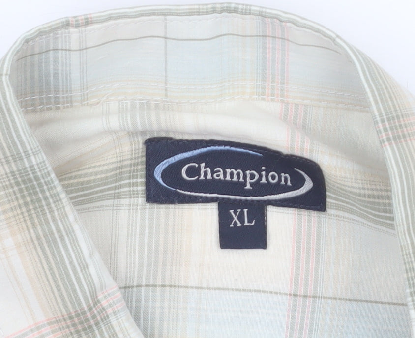 Champion Men’s Beige Plaid Short Sleeve Button-Up Shirt XL