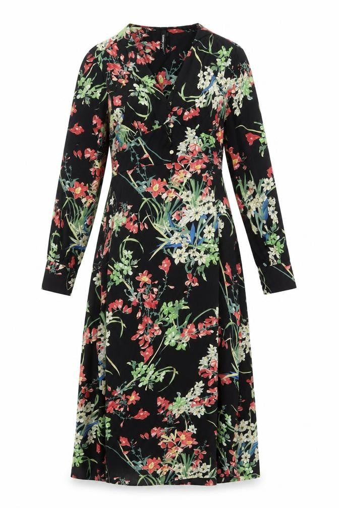 Front view of ELLI WHITE Women's Black Floral Midi Wrap Dress, size L