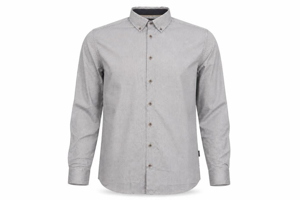 Front view of Bugatti Men's Grey Geometric Long Sleeve Button-Up Shirt, size L