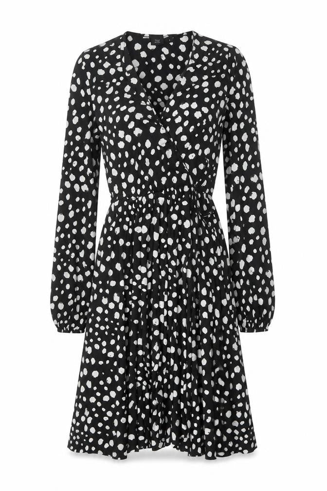 Front view of River Island Women’s Black Polka Dot Wrap Dress, size UK 8