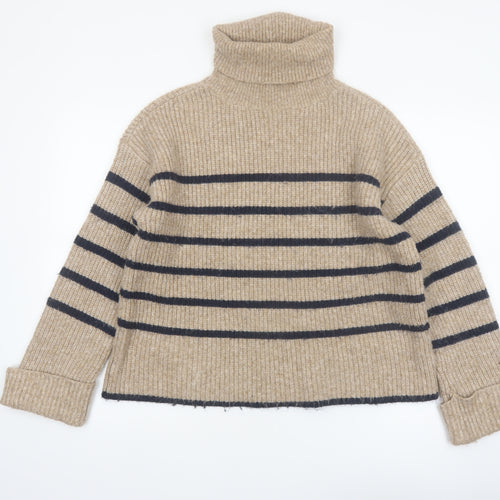 Marks and Spencer Women’s Beige Striped Roll Neck Jumper Size S