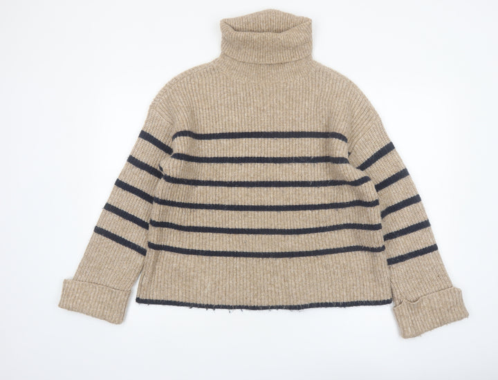 Marks and Spencer Women’s Beige Striped Roll Neck Jumper Size S
