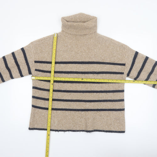 Marks and Spencer Women’s Beige Striped Roll Neck Jumper Size S