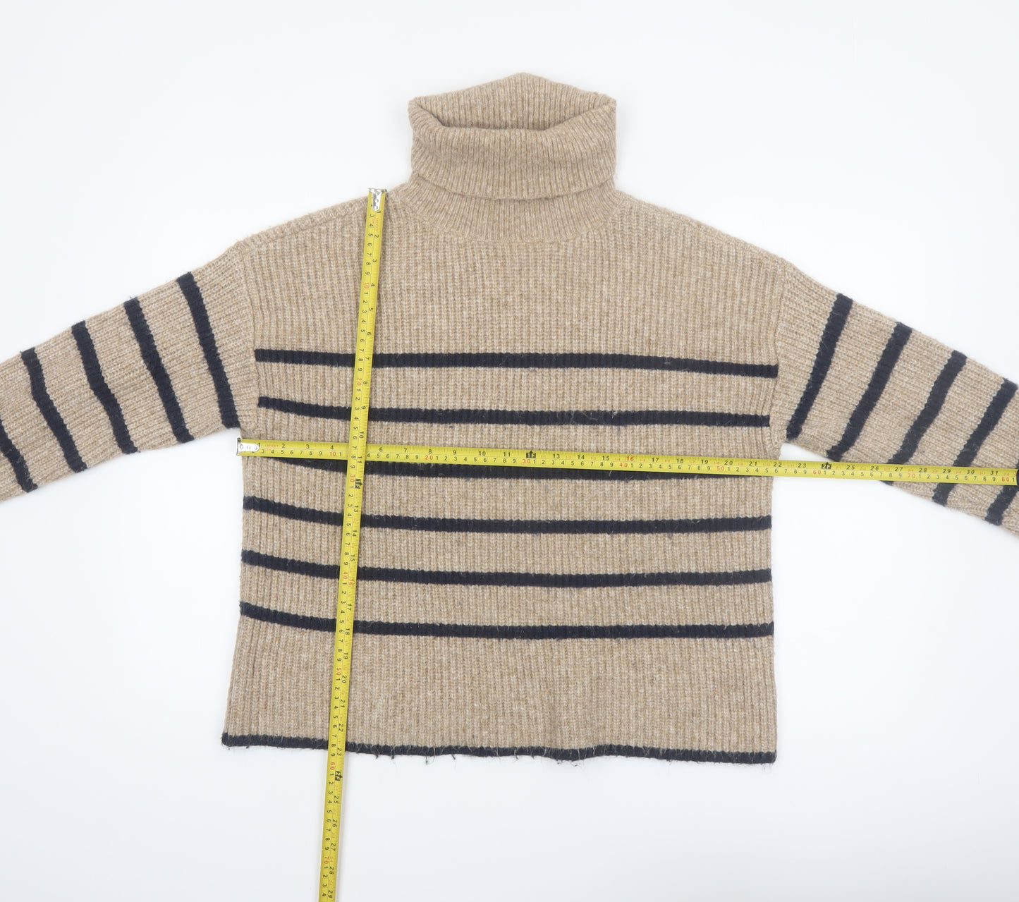 Marks and Spencer Women’s Beige Striped Roll Neck Jumper Size S