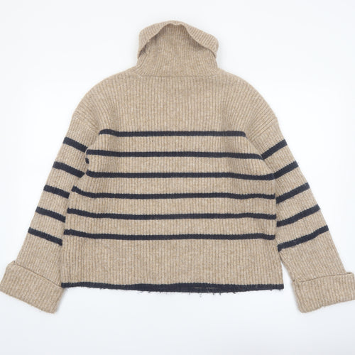 Marks and Spencer Women’s Beige Striped Roll Neck Jumper Size S