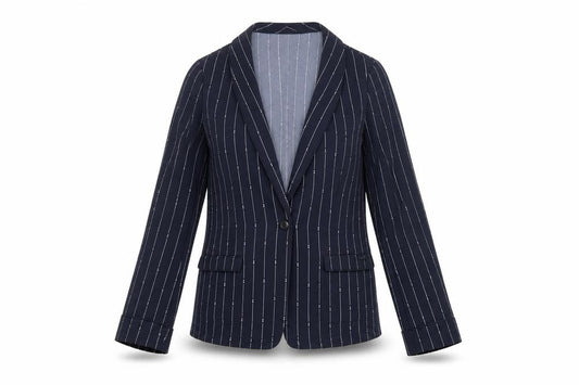 Front view of Scotch & Soda Women's Navy Pinstripe Single-Breasted Blazer, size S