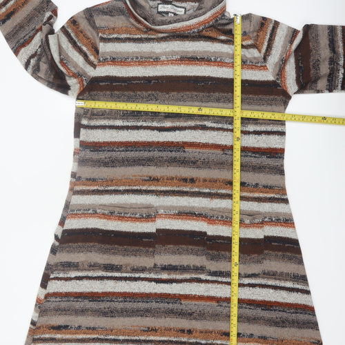 Paco Boutique Women Brown Striped Roll Neck Knit Shift Dress Size 16