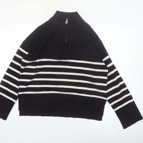 DKNY Jeans Women's Black Striped Mock Neck 1/4 Zip Jumper Size L