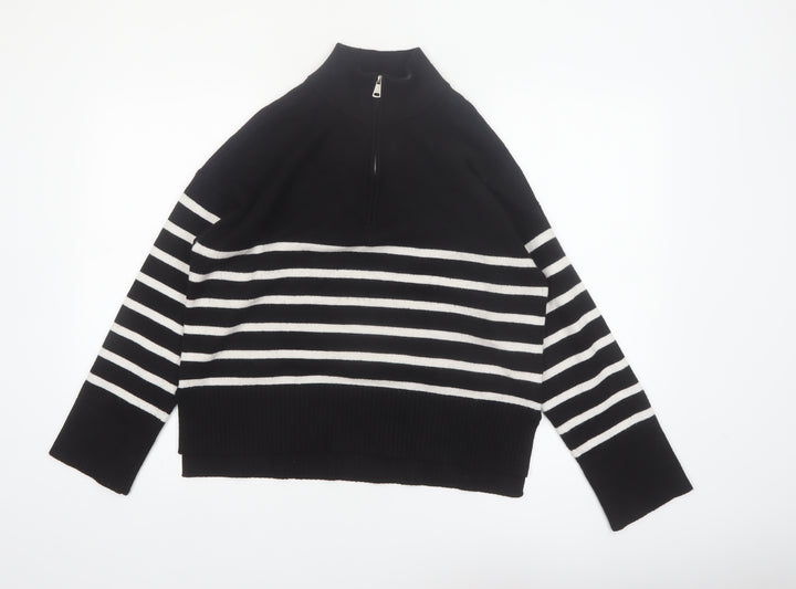 DKNY Jeans Women's Black Striped Mock Neck 1/4 Zip Jumper Size L
