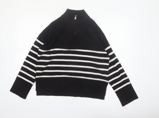 DKNY Jeans Women's Black Striped Mock Neck 1/4 Zip Jumper Size L