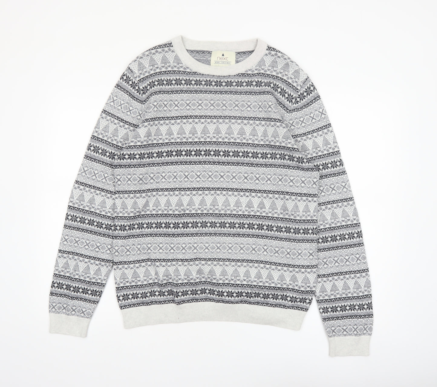 Next Men's Grey Fair Isle Cotton Crew Neck Jumper Size M
