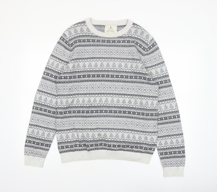 Next Men's Grey Fair Isle Cotton Crew Neck Jumper Size M