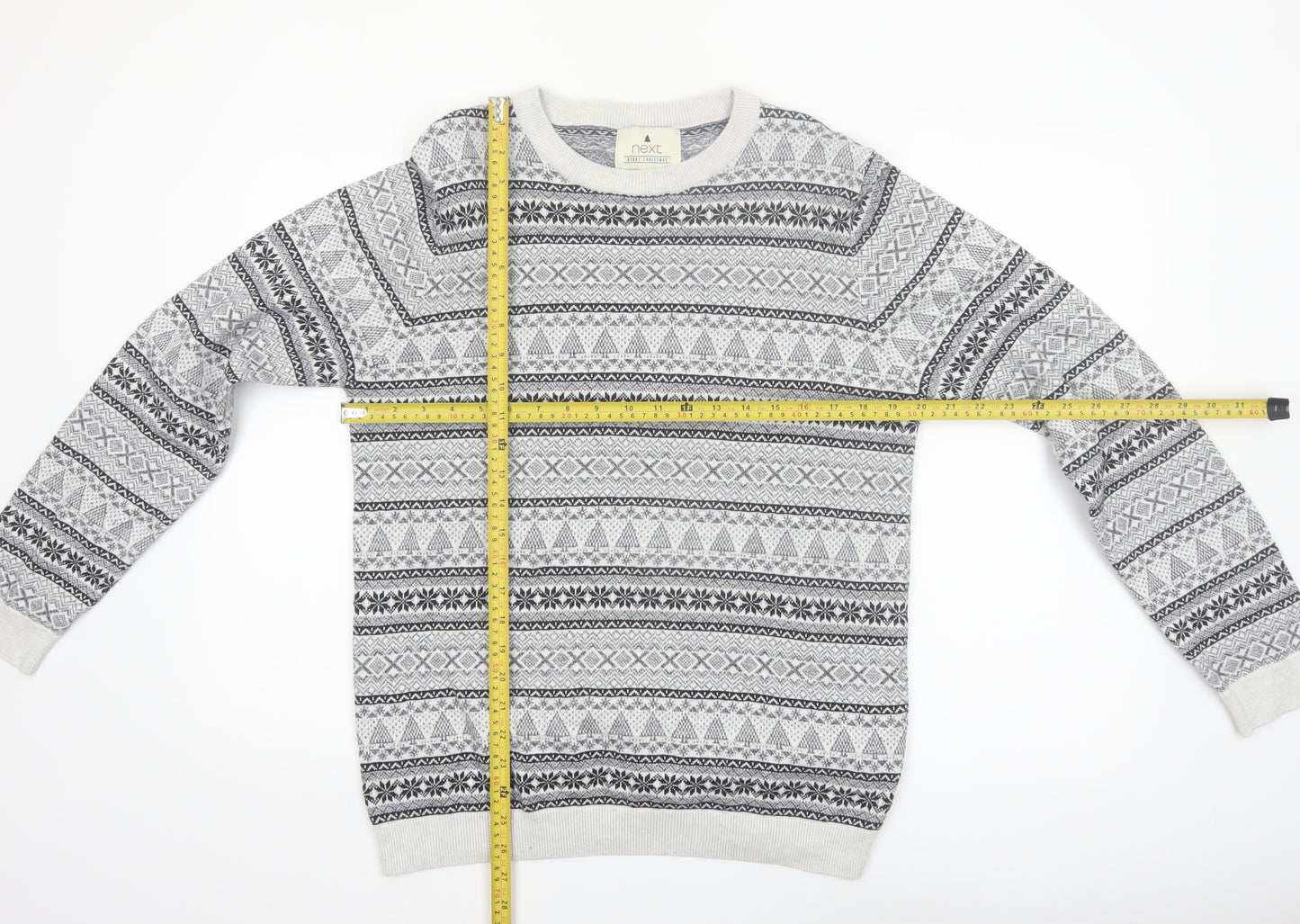 Next Men's Grey Fair Isle Cotton Crew Neck Jumper Size M