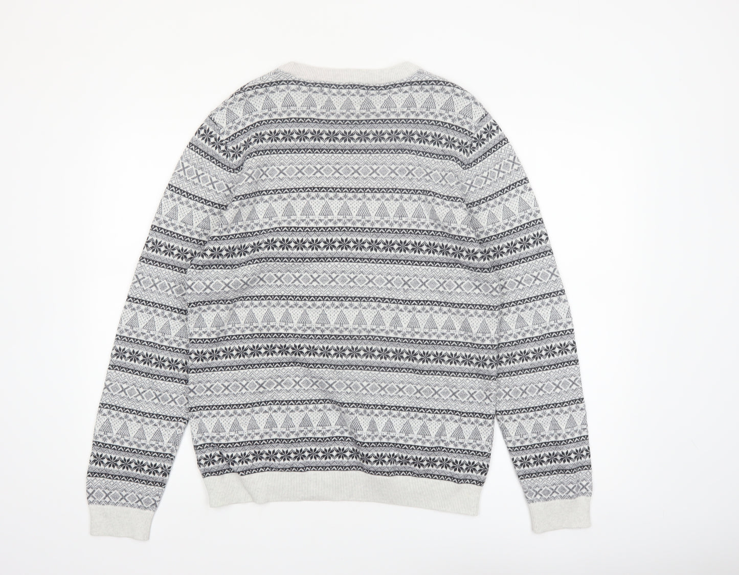 Next Men's Grey Fair Isle Cotton Crew Neck Jumper Size M