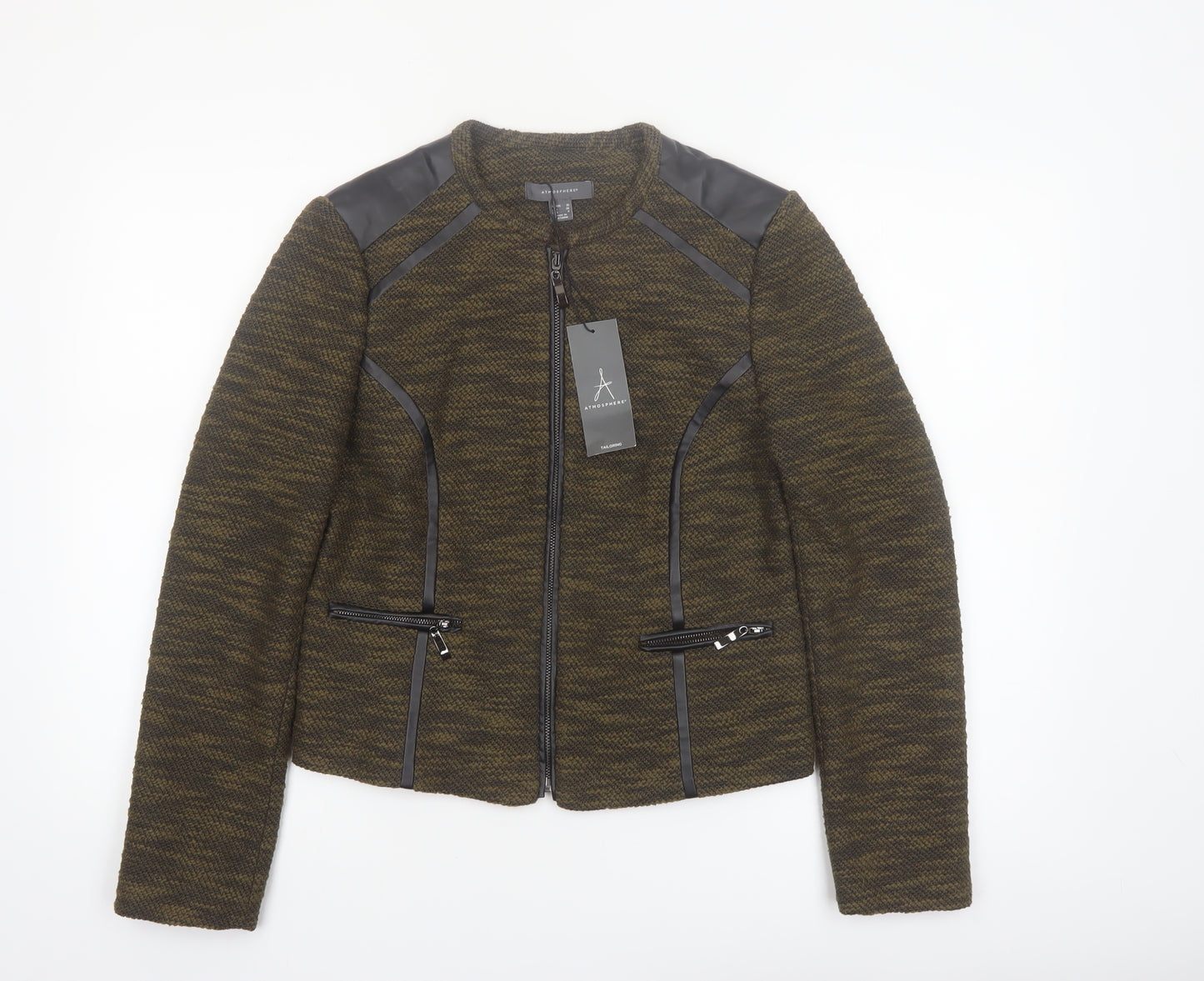 Atmosphere Women’s Khaki Zip-Up Jacket Size 10 Faux Leather Trim